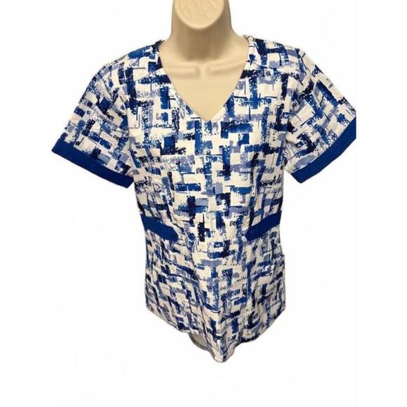 SCRUB WORKS WOMENS SCRUB TOP SMALL‎ BLUE AND WHITE - Picture 1 of 1
